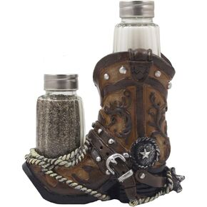 Fancy Cowboy Boot Salt and Pepper Shaker Set or Decorative Display Stand Figurine with Spur & Texas Star for Country Western Kitchen Decor and Table Centerpiece Decorations As Gifts for Cowboys