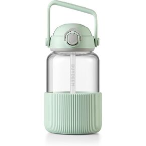 BUYDEEM DG710 Glass Water Bottle 34oz, Portable Water Tumbler with Straw, High Borosilicate Glass, Heat Resistance, Ideal for Travel Home Office, Cozy Greenish