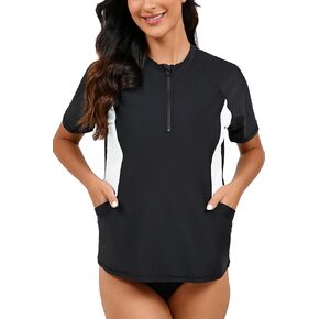 Halcurt Women's Half Zip Short Sleeve Rash Guard Top with Bra Side Pockets Swim Shirts UPF50+ Swimsuit