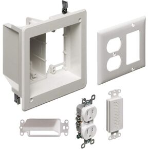 Arlington TVBR505K-1 TV Box Recessed Kit with Outlet and Wall Plates, 2-Gang, White, 1-Pack