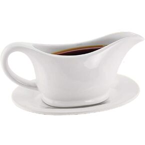 KOVOT White Elegant 12oz Ceramic Gravy Boat and Saucer Plate Set - Perfect for Thanksgiving Gravies, Sauces, and Dressings - Microwave and Dishwasher Safe