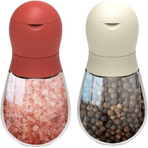 Arzoe Salt and Pepper Grinder Set of 2, Bowling Glass Manual Grinder and Reusable Seasoning Storage Container for Dry Spices, Chili, and Coffee Beans, Red and White