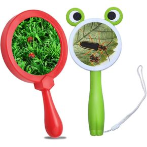 Rongon Handheld Magnifiers, 2Pcs Magnifying Glass for Child, 5X Red Magnifying Glass for Children ＆ 10X Frog Magnifier Loupe, Twins Gifts for Close Work, Classroom and Nature Exploration