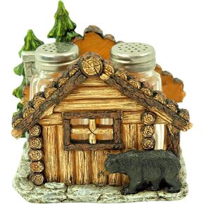 BestGiftEver Forest Salt and Pepper Shakers Set with Holder - Bear and Cabin Design for Lodge Style Kitchen - Rustic Polyresin Cabin Décors for Dining Room and Mountain Home Kitchen Accessories