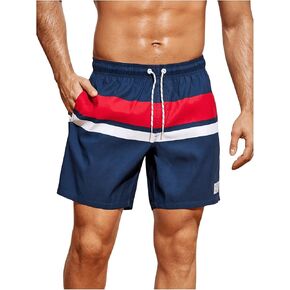 Men's Color Block Striped Swim Trunks Drawstring Waist Swimwear Shorts with Pockets