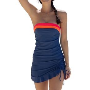 Beachsissi Bandeau Swimsuits for Women Strapless Swimwear Bathing Suits Tummy Control Color Block Tankini Skirt Sets