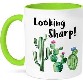 3dRose Funny Ironic Looking Sharp Watercolor Cactus Quote, Green Mug, 11 oz