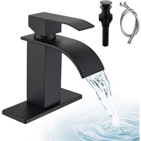 Matte Black Waterfall Bathroom Faucet, Modern Single Handle Bathroom Sink Faucet with Pop-up Drain, Rv Vanity Faucet with & Supply Hoses, Suitable Deck Plate for 1 or 3 Holes