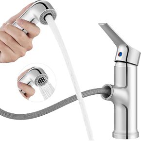 Bathroom Faucets with Pull Down Sprayer,Single Handle Pull Out Bathroom Sink Faucet 1 Hole,Solid Brass with Rotating Spout Single Hole Utility Bar Sink Faucet,Polish Chrome