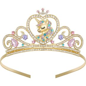 SWEETV Unicorn Princess Tiaras for Girls, Crystal Kids Crown Headband, Birthday Party Hats, Halloween Costume Hair Accessories