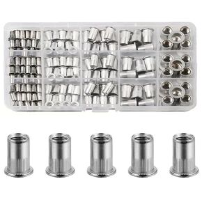 Metric 304 Stainless Steel Rivet Nut Tool Kit(80Pcs),M6 Flat Head Threaded Insert Nut Assortment Kit