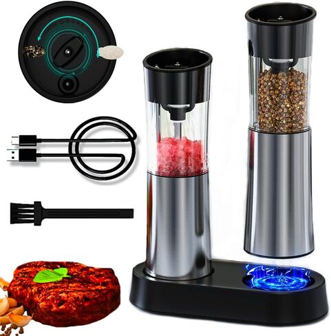 Electric Salt and Pepper Grinder Set [Upgraded Larger Capacity] Gravity Pepper Grinder-USB Rechargeable Automatic Pepper Mill Grinder,One Handed Operation,Stainless Steel Construction,LED Light in Saudi Arabia