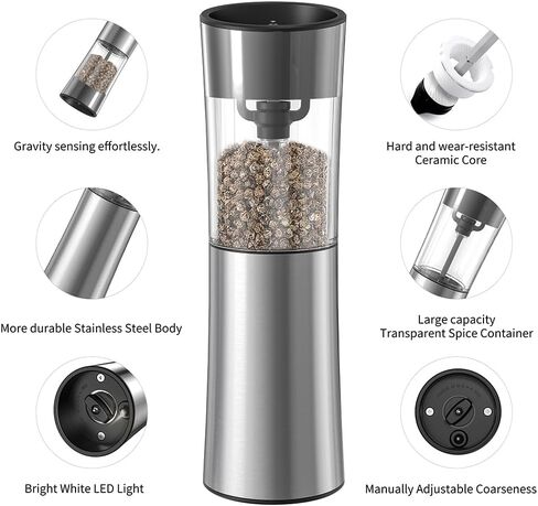 Electric Salt and Pepper Grinder Set [Upgraded Larger Capacity] Gravity Pepper Grinder-USB Rechargeable Automatic Pepper Mill Grinder,One Handed Operation,Stainless Steel Construction,LED Light in Saudi Arabia
