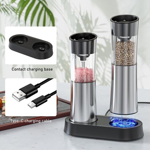 Electric Salt and Pepper Grinder Set [Upgraded Larger Capacity] Gravity Pepper Grinder-USB Rechargeable Automatic Pepper Mill Grinder,One Handed Operation,Stainless Steel Construction,LED Light in Saudi Arabia