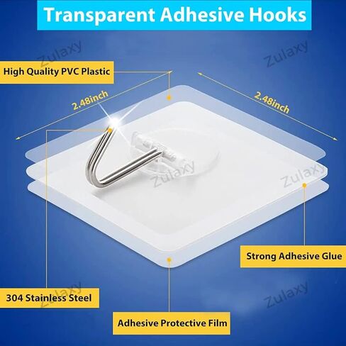 20 Pack Wall Hanging Hooks for Wall without Drilling, Self Adhesive Hooks for Wall Heavy Duty Strong Nail Free, Kitchen Accessories Items (Hanging Hook, Transparent) Stainless Steel in Saudi Arabia