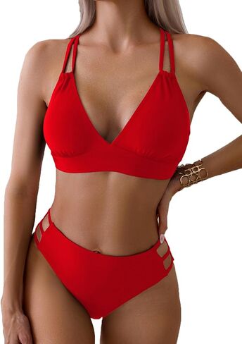 Tainehs Push Up V Neck Bikini يضع Criss Cross Back نوبة استحمام من قطعتين باللون الأحمر in Kuwait
