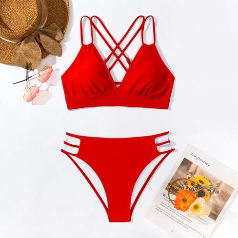 Tainehs Push Up V Neck Bikini يضع Criss Cross Back نوبة استحمام من قطعتين باللون الأحمر in Kuwait