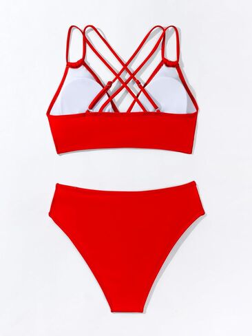 Tainehs Push Up V Neck Bikini يضع Criss Cross Back نوبة استحمام من قطعتين باللون الأحمر in Kuwait