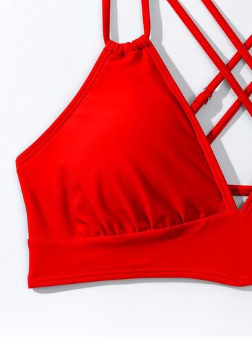 Tainehs Push Up V Neck Bikini يضع Criss Cross Back نوبة استحمام من قطعتين باللون الأحمر in Kuwait