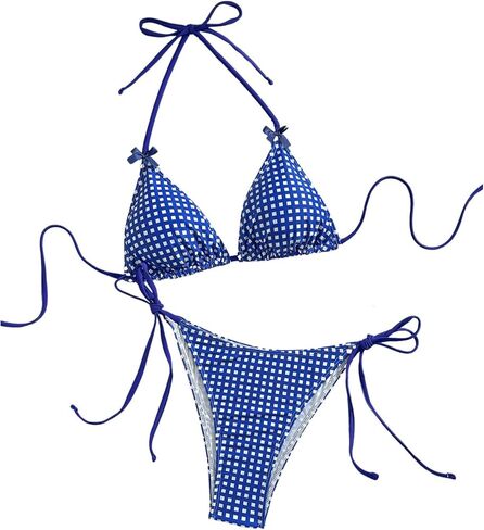 Makemechic Women's 2 قطعة للسباحة مخططة الرسن Frill Tringle Triangle String Backless String Cute Bikini مجموعة زرقاء متوسطة in Kuwait