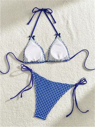 Makemechic Women's 2 قطعة للسباحة مخططة الرسن Frill Tringle Triangle String Backless String Cute Bikini مجموعة زرقاء متوسطة in Kuwait