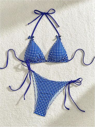 Makemechic Women's 2 قطعة للسباحة مخططة الرسن Frill Tringle Triangle String Backless String Cute Bikini مجموعة زرقاء متوسطة in Kuwait