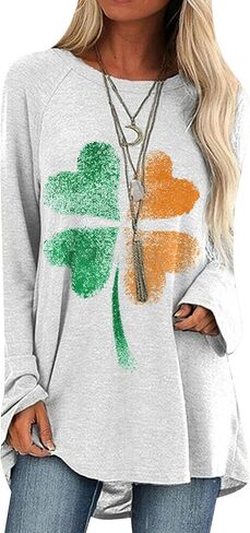 Yming Womens St. Patricks Day Crewneck Pullover Clover Print Long Long Terts Day Shamrock Sweatshirt قمم in Kuwait
