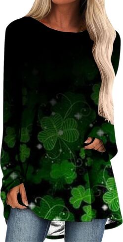 Yming Womens St. Patricks Day Crewneck Pullover Clover Print Long Long Terts Day Shamrock Sweatshirt قمم in Kuwait