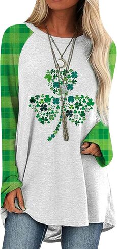 Yming Womens St. Patricks Day Crewneck Pullover Clover Print Long Long Terts Day Shamrock Sweatshirt قمم in Kuwait