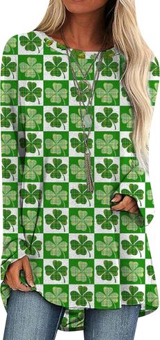 Yming Womens St. Patricks Day Crewneck Pullover Clover Print Long Long Terts Day Shamrock Sweatshirt قمم in Kuwait