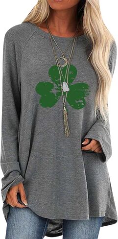 Yming Womens St. Patricks Day Crewneck Pullover Clover Print Long Long Terts Day Shamrock Sweatshirt قمم in Kuwait