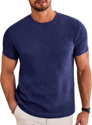 Runcati Mens Knit Short Sleeve T-Shirts Casual Crewneck Cotton Stretch Pullover Tees Summer Textured Tops in Saudi Arabia