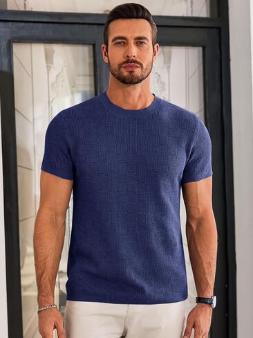 Runcati Mens Knit Short Sleeve T-Shirts Casual Crewneck Cotton Stretch Pullover Tees Summer Textured Tops in Saudi Arabia