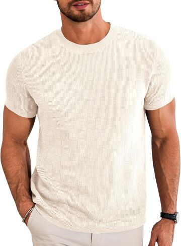 Runcati Mens Knit Short Sleeve T-Shirts Casual Crewneck Cotton Stretch Pullover Tees Summer Textured Tops in Saudi Arabia