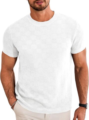 Runcati Mens Knit Short Sleeve T-Shirts Casual Crewneck Cotton Stretch Pullover Tees Summer Textured Tops in Saudi Arabia