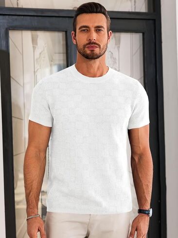 Runcati Mens Knit Short Sleeve T-Shirts Casual Crewneck Cotton Stretch Pullover Tees Summer Textured Tops in Saudi Arabia