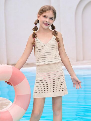 Haloumoning Girls Sleeveless Crochet Swimsuit Cover Up Kids Summer Hollow Out Knitted Beach Dress 7-14 Years in Kuwait