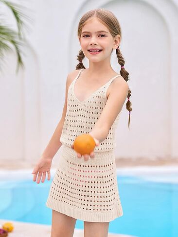 Haloumoning Girls Sleeveless Crochet Swimsuit Cover Up Kids Summer Hollow Out Knitted Beach Dress 7-14 Years in Kuwait
