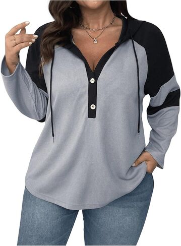 Women's Plus Size Colorblock Hooded Sweatshirt Button Up Drawstring Long Sleeve Hoodie in Saudi Arabia