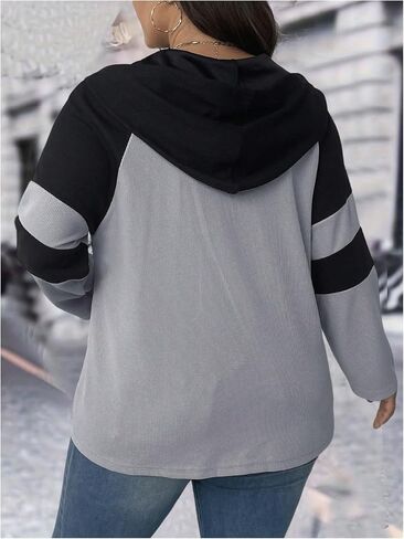 Women's Plus Size Colorblock Hooded Sweatshirt Button Up Drawstring Long Sleeve Hoodie in Saudi Arabia