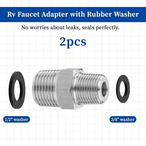 RV Faucet Adapter, 2 PCS 1/2 to 3/8 Reducer Faucet Adapter Stainless Steel 3/8 Compression Fittings for RV Kitchen Plumbing Water Hose Pipe Connector with Rubber Washer in Saudi Arabia