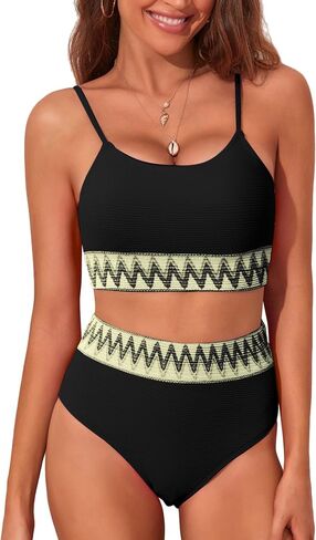 Adisputent Womens High Waisted Bikini Sets Scoop Neck Color Block Swimsuits Retro Two Piece Bathing Suits in Saudi Arabia