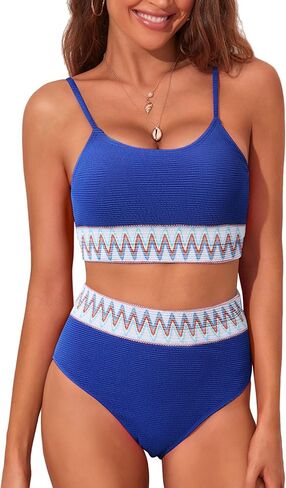 adisputent womens عالية الخصر مجموعات بيكيني مغرفة لون رقب كتلة السباحة الرجعية بدلات الاستحمام قطعتين in Kuwait