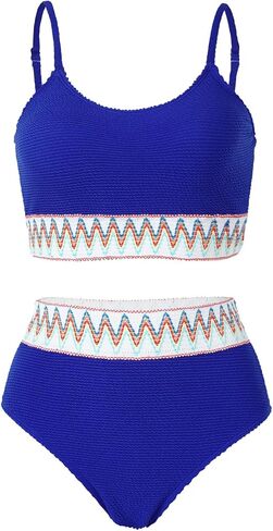 adisputent womens عالية الخصر مجموعات بيكيني مغرفة لون رقب كتلة السباحة الرجعية بدلات الاستحمام قطعتين in Kuwait