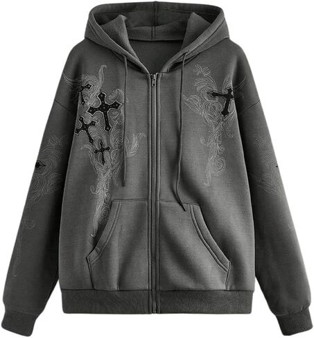 SweatyRocks Women's Y2k Zip Up Hoodies Gothic Graphic Cross Print Grunge Baggy Sweatshirt Jacket in Saudi Arabia