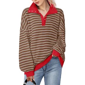Blostirno Womens Oversized Striped Sweatshirt Long Sleeve Half Button Polo Shirts Hoodies Fall Henley Pullover Tops