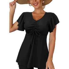Women's Flowy Tankini Top Only Ruffle Sleeve Swim Bathing Suit Tops Modest Drawstring Swimsuit Top No Bottom