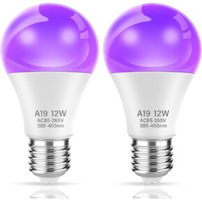 LED UV Black Light Bulb for Halloween Decoration,12W A19 UV Blacklight,100W Equivalent,UVA Level 385-400nm Wavelength,Glow in the Dark for Body Art Paint,Fluorescent Poster,Neon Glow Party,2 Pack