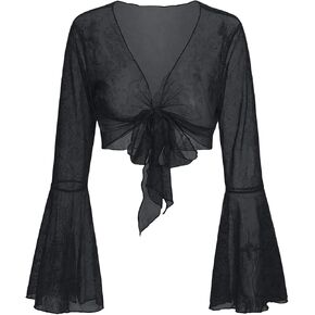 SOLY HUX Women's Floral Print Tie Knot Front Y2K Crop Top V Neck Bell Long Sleeve Cropped Cardigan