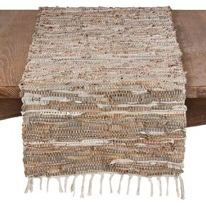 SARO LIFESTYLE Leather Chindi Table Runner, Natural, 16" x 72"